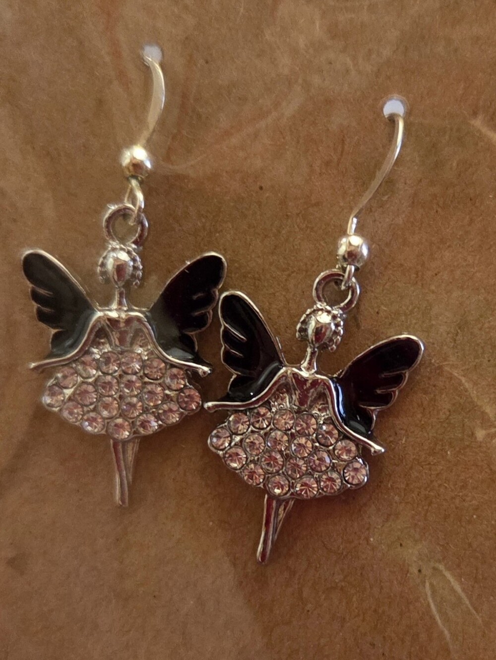 Silver-tone Angel Wing Crystal Drop Earrings